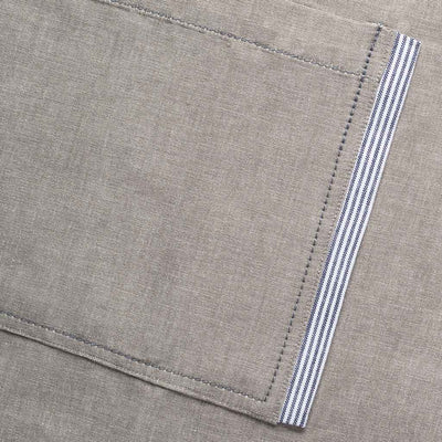 Chef's Tan Bib Apron, Blue Ticking on Pocket, Detail shot-Reluctant TradingClassic Chef Apron Men, Women, Tan Beige with Red Straps Cooks Bakers Bib Restaurant Wholesale