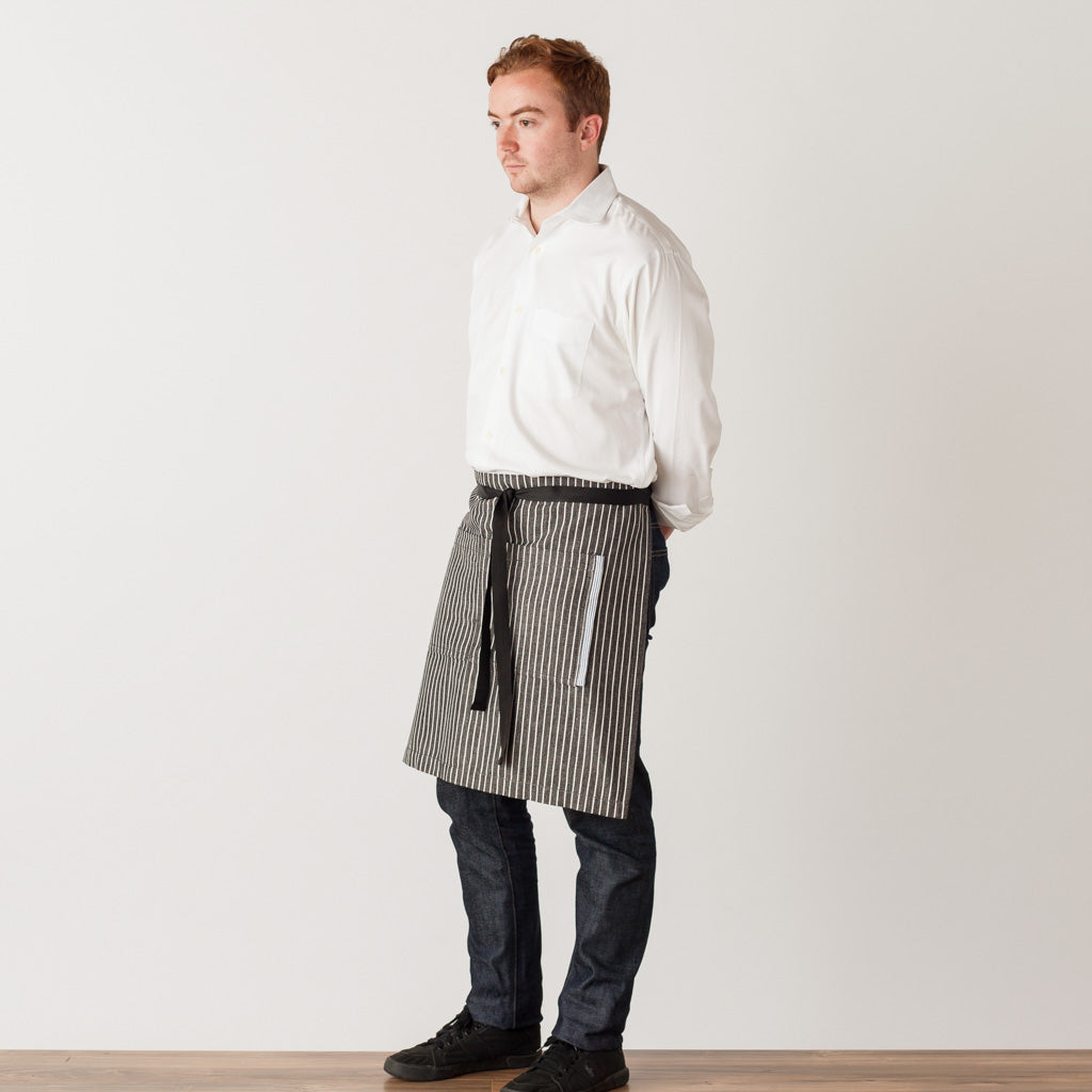Bistro Server Half Apron, Railroad Stripe, Wholesale, Restaurant Charcoal Black with White Stripe, Half Apron, Men or Women, Reluctant Trading