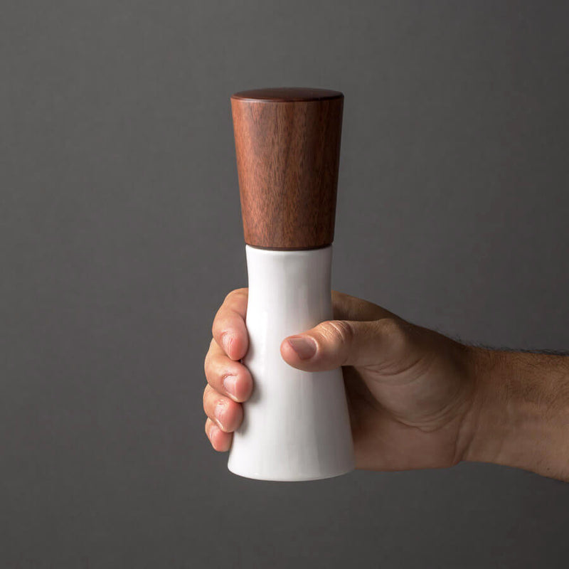 Magnus Lundstrom Porcelain and Dark Walnut Pepper Mill, Medium SIze, CrushGrind Mechanism