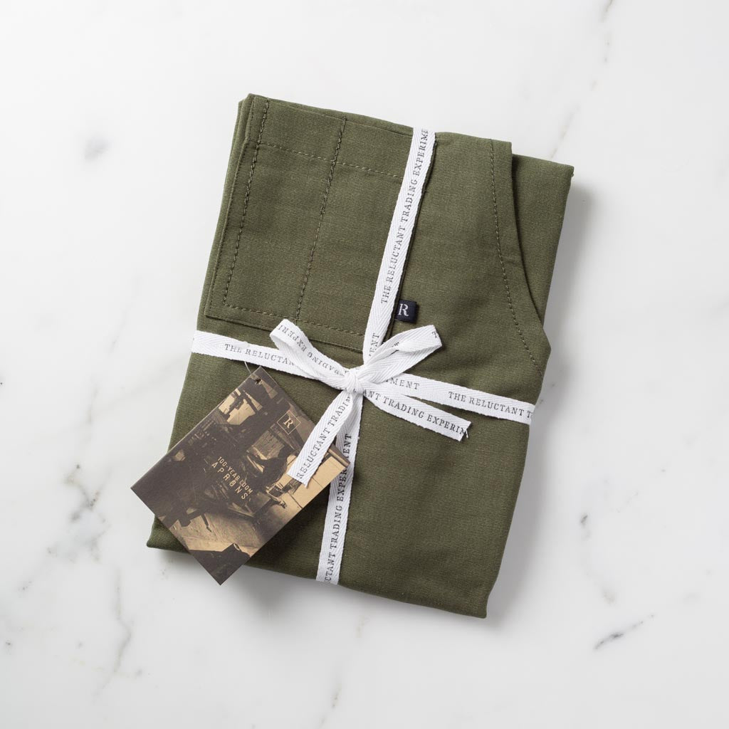 Restaurant Quality Apron, Olive Green with Tan Straps, Half Apron, Men or Women, Reluctant Trading