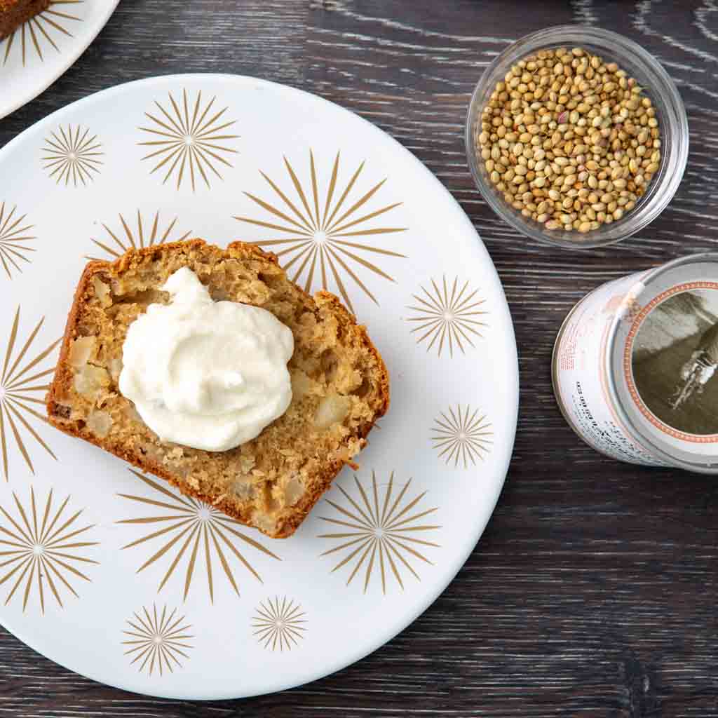 Pear Tea Cake with Coriander Whipped Cream