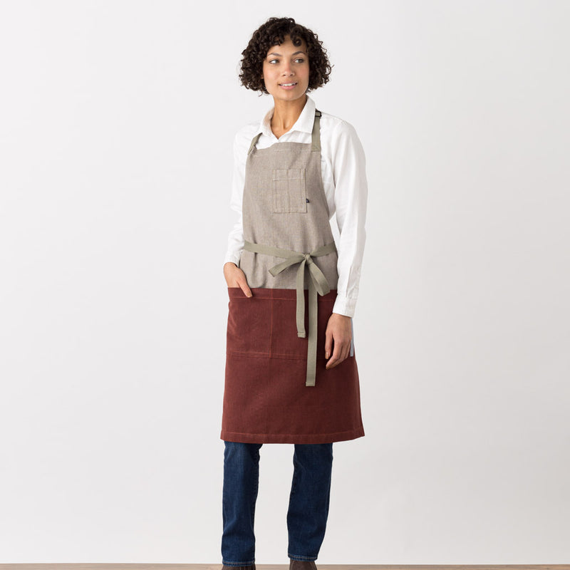 Chef Bib Apron Two Tone, Tan and Burgundy Maroon, Cool, Modern Restaurant Quality, Classic