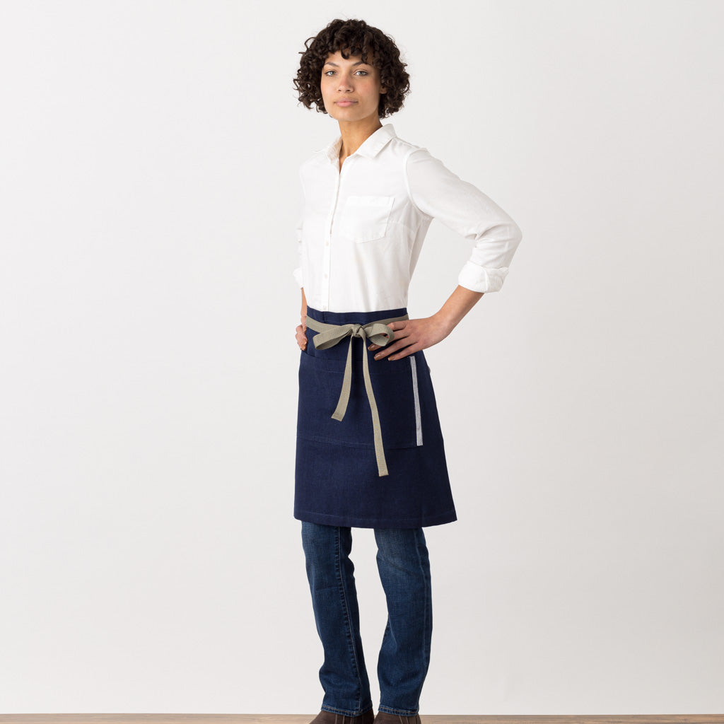 Bistro Half Apron Navy Blue Server, Waitress, Waist Apron, Side View