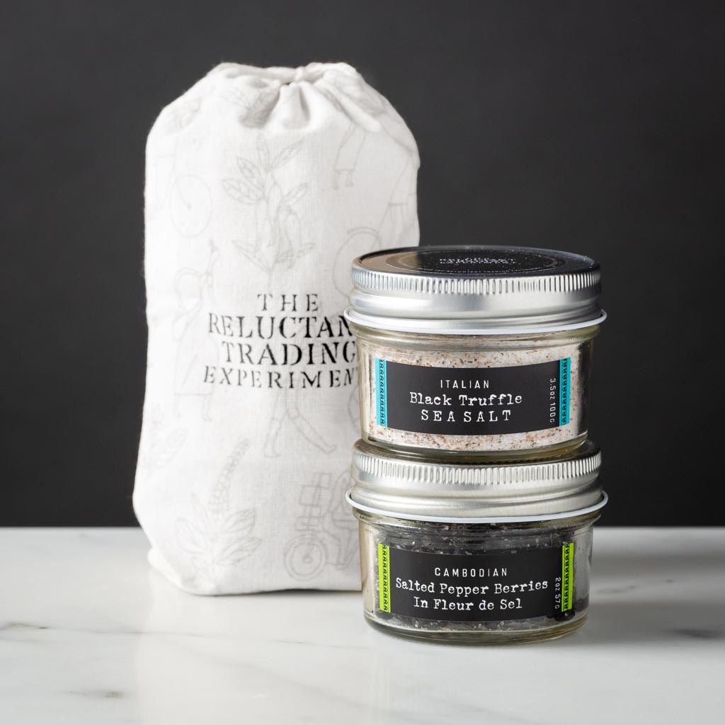 Cambodian Salted Pepper Berries in Fleur del Sel 2oz Glass Jar and Italian Black Truffle Sea Salt 3.5oz Glass Jar Gift Set