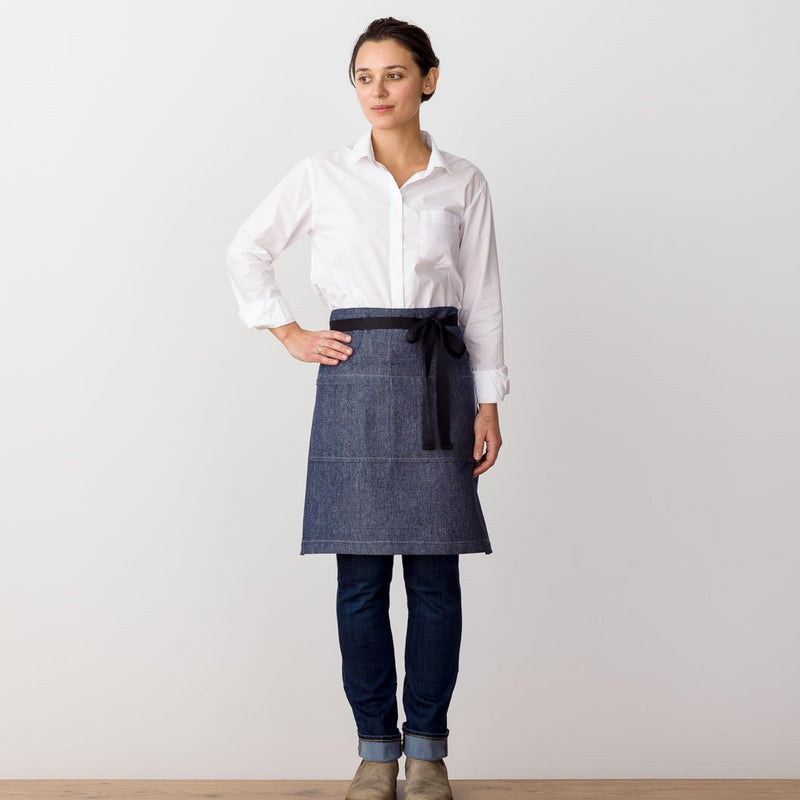 Bistro Apron, Server, Blue Denim with Dark Red Straps, Half Apron, Reluctant Trading