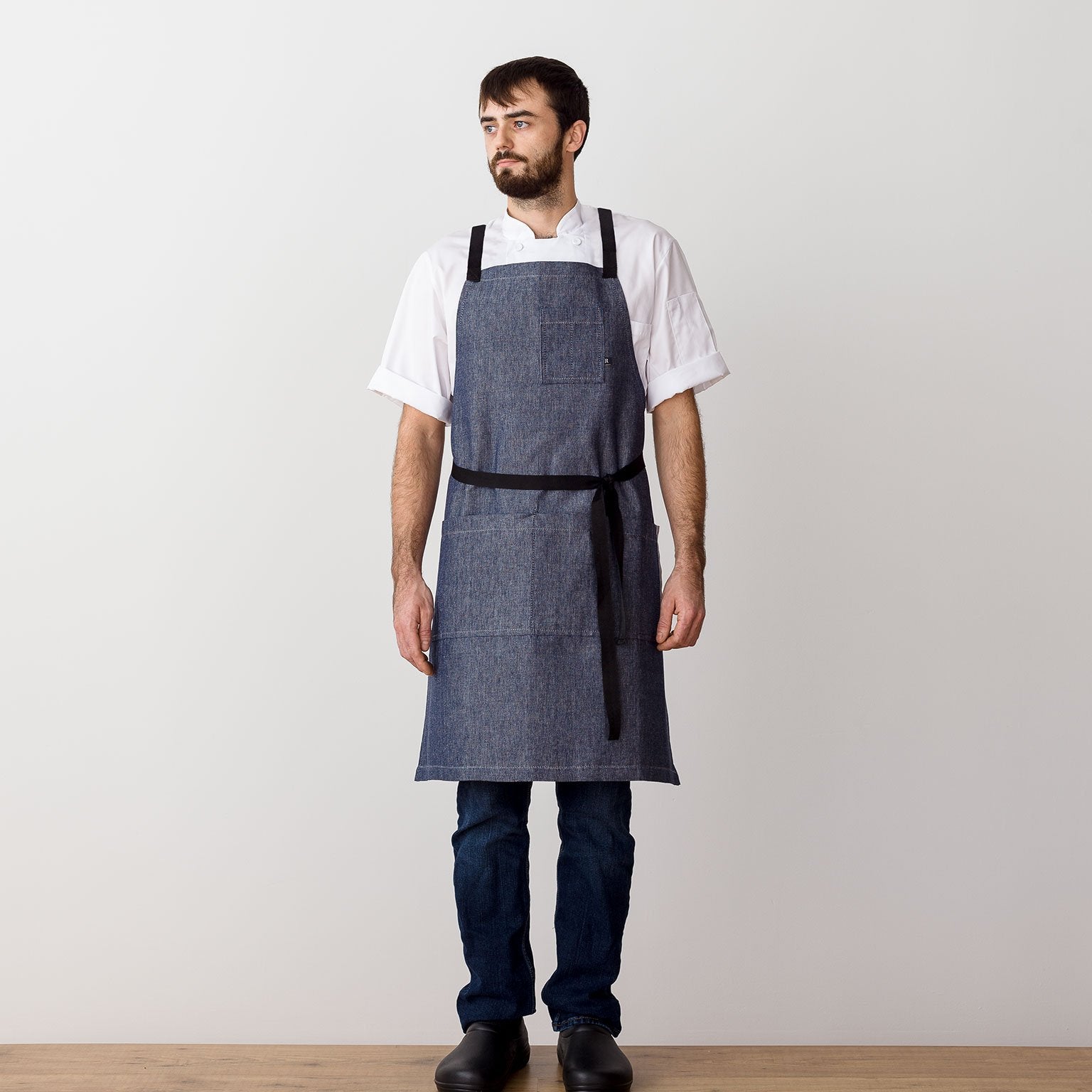 Cross-Back Chef Apron, Blue Denim with Black Straps, Men and Women-[Reluctant Trading Experiment]-Standard Cross-Back - 34”L x 30”W