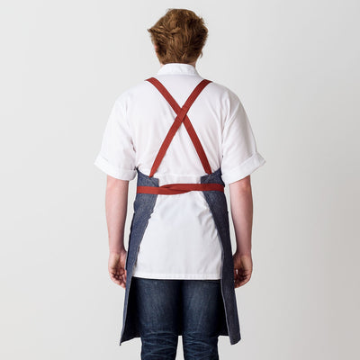 Cross-Back Chef Apron, Blue Denim with Red Straps, Men and Women-[Reluctant Trading Experiment]-