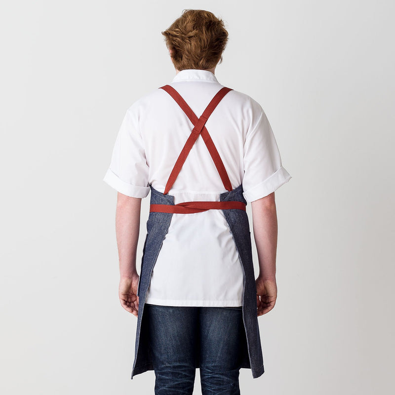Cross-Back Chef Apron, Blue Denim with Red Straps, Men and Women-[Reluctant Trading Experiment]-