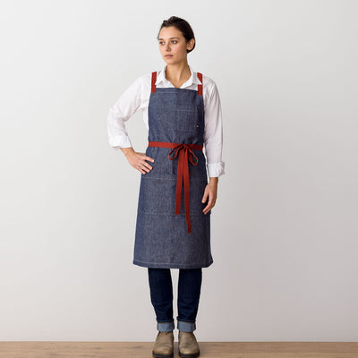 Cross-Back Chef Apron, Blue Denim with Red Straps, Men and Women-[Reluctant Trading Experiment]-
