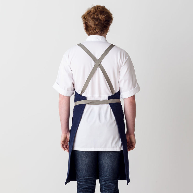 Cross-Back Chef Apron, Navy with Tan Straps, Men and Women-[Reluctant Trading Experiment]-Standard Cross-Back - 34”L x 30”W